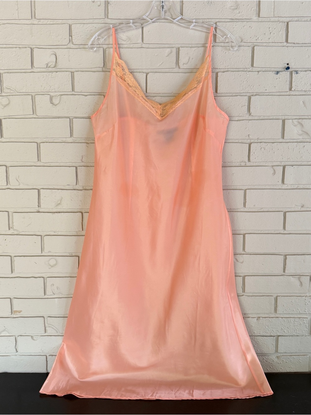 Vintage 90s Peach 100% Silk Slip Dress Women's 14W Lace Trim Gown Going Out